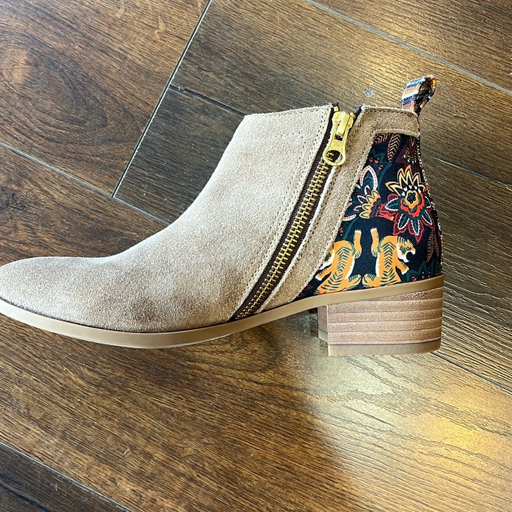 inkkas Taupe Suede Ankle Booties with Floral Embroidered Heel